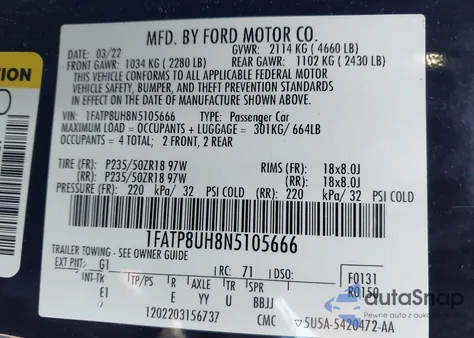 2022 Ford Mustang Ecoboost Premium из США, поврежденный, VIN 1FATP8UH8N5105666